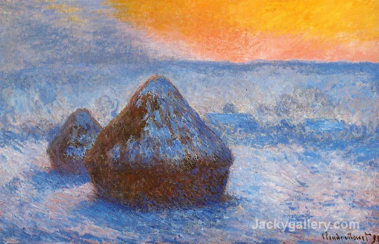 Grainstacks at Sunset, Snow Effect- by Claude Monet paintings reproduction
